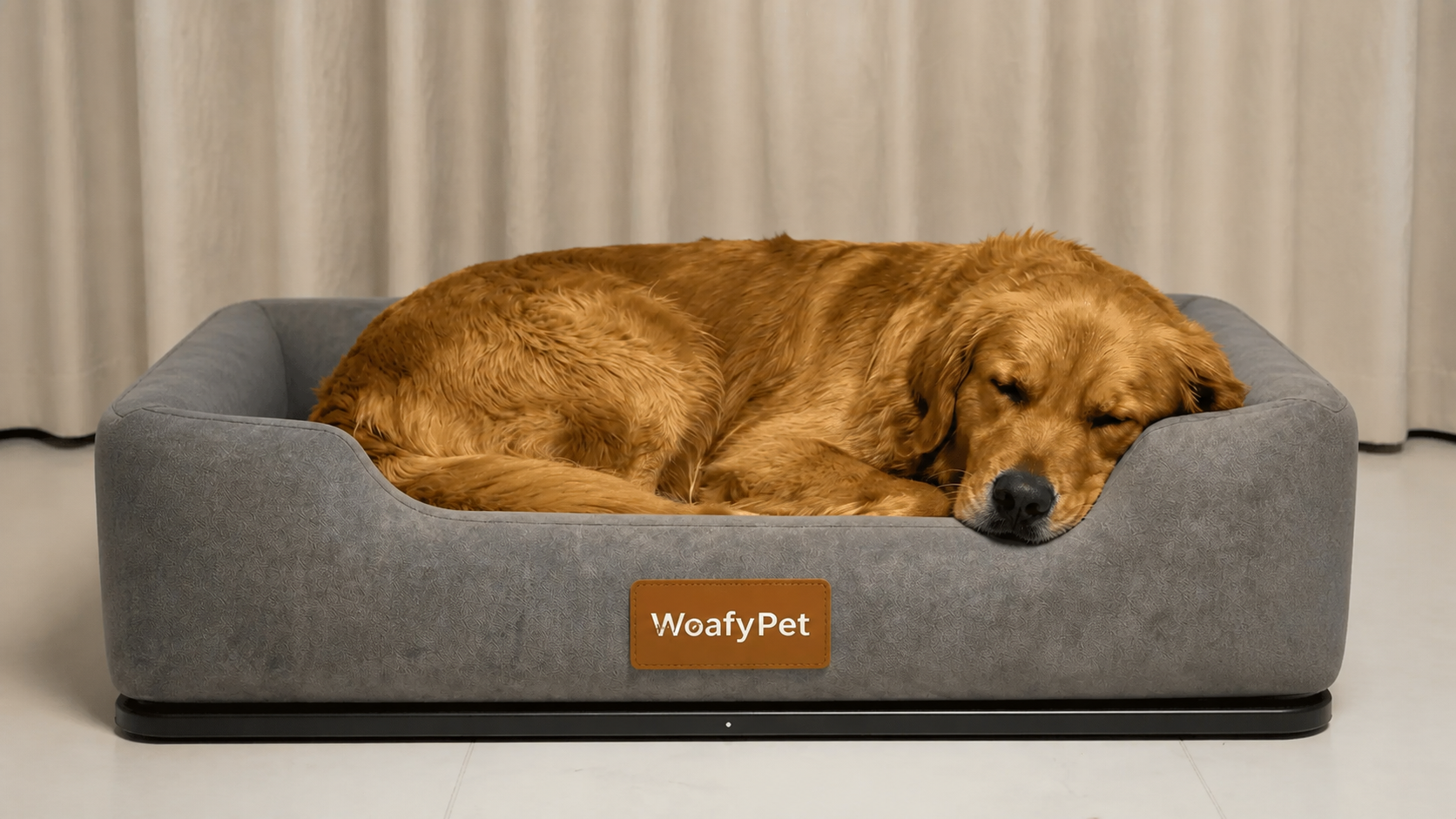 Golden retriever sleeping in the full WoafyPet orthopedic bed on its Smart Base